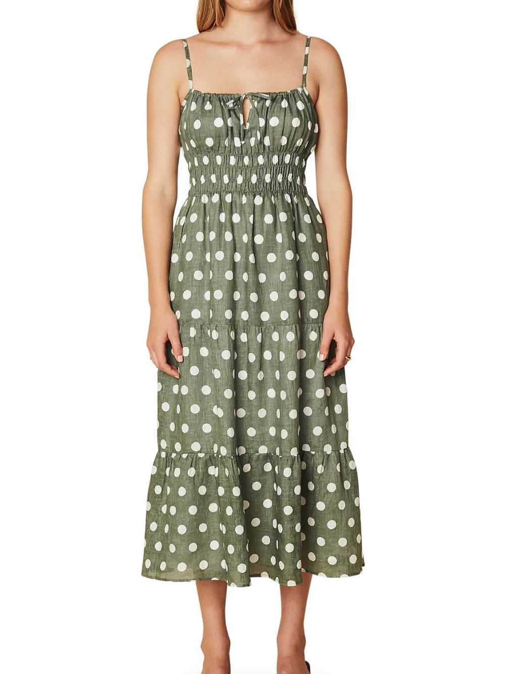 Faithfully the Brand 100% Linen Polkadot Shaloom Midi Dress in Size Small